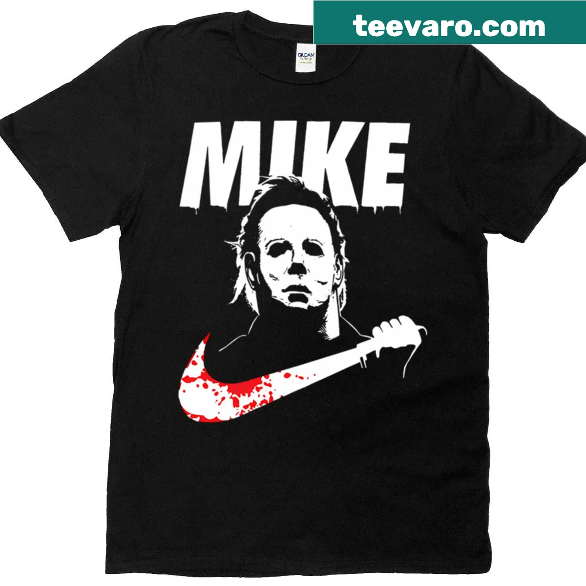 Funny Halloween T-shirt featuring a cartoon Mike Myers graphic. — on a men's t-shirt