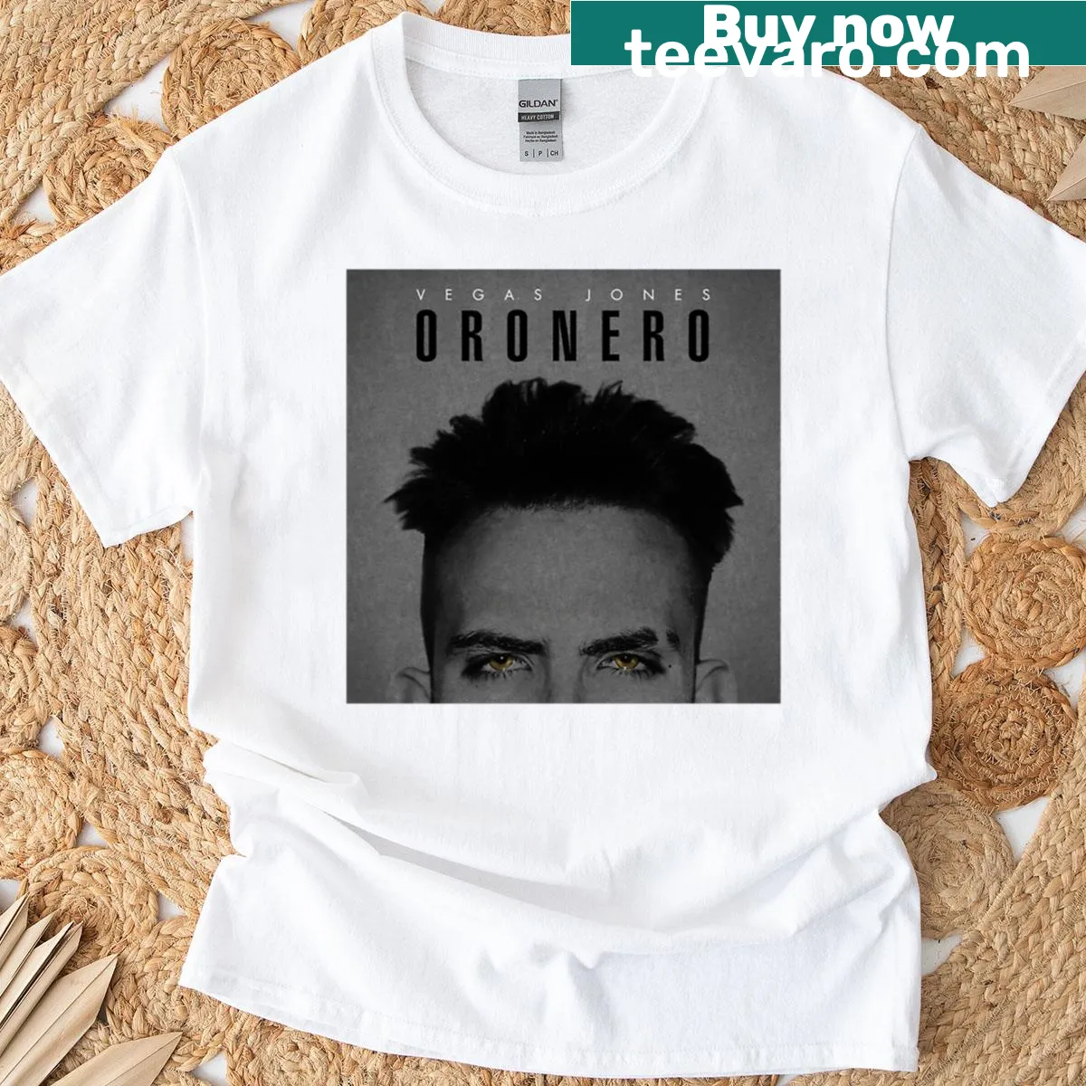 T-shirt featuring artwork from Vegas Jones's Oro Nero album — on a men's t-shirt