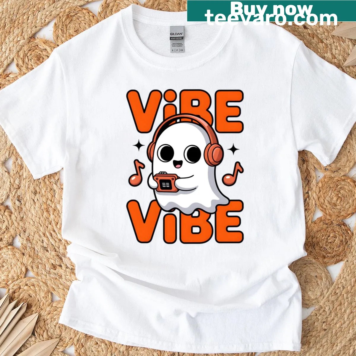 Cute ghost design with musical notes on a casual t-shirt — on a men's t-shirt