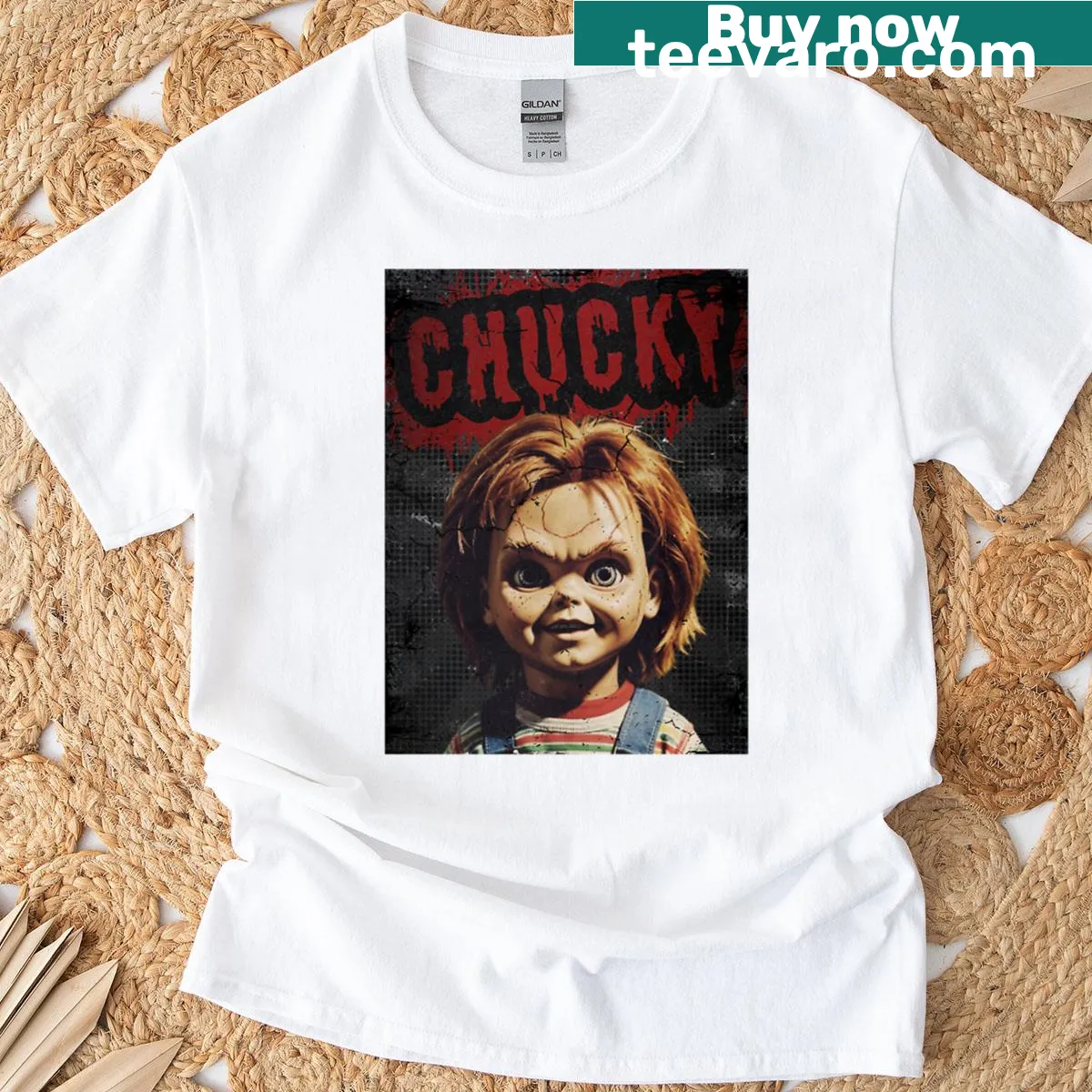 Oversized vintage-style Chucky movie T-shirt — on a men's t-shirt
