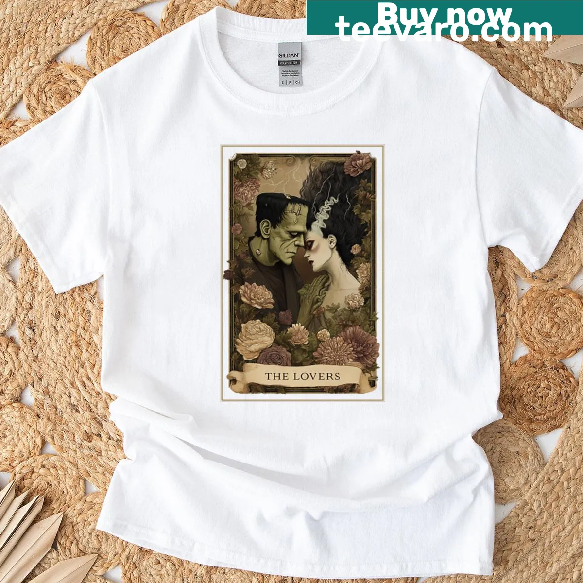 Illustration of Frankenstein's Monster and Bride as tarot card art — on a men's t-shirt