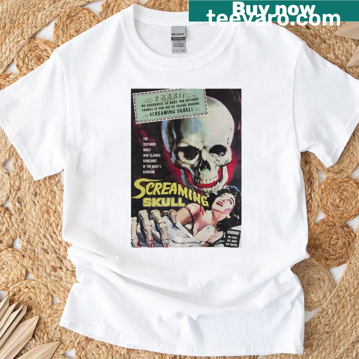 Vintage t-shirt with a screaming skull graphic for horror fans. — on a men's t-shirt