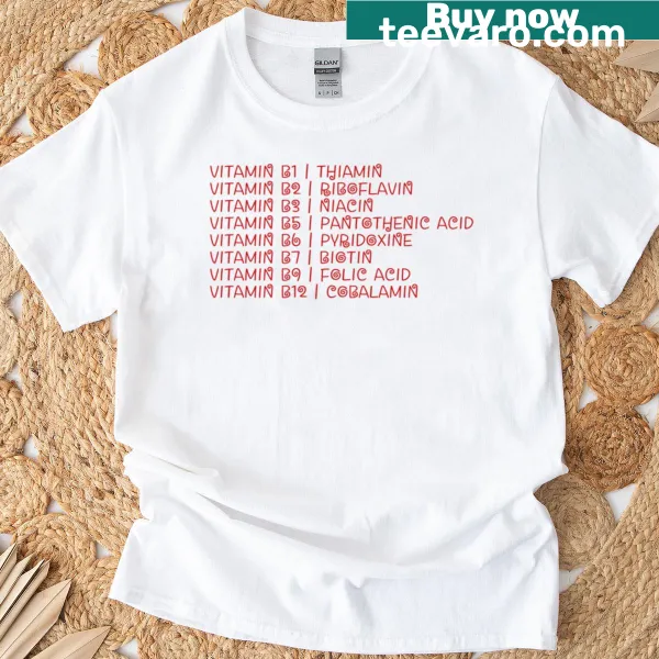 T-shirt featuring fun Vitamin B typography design for health lovers.