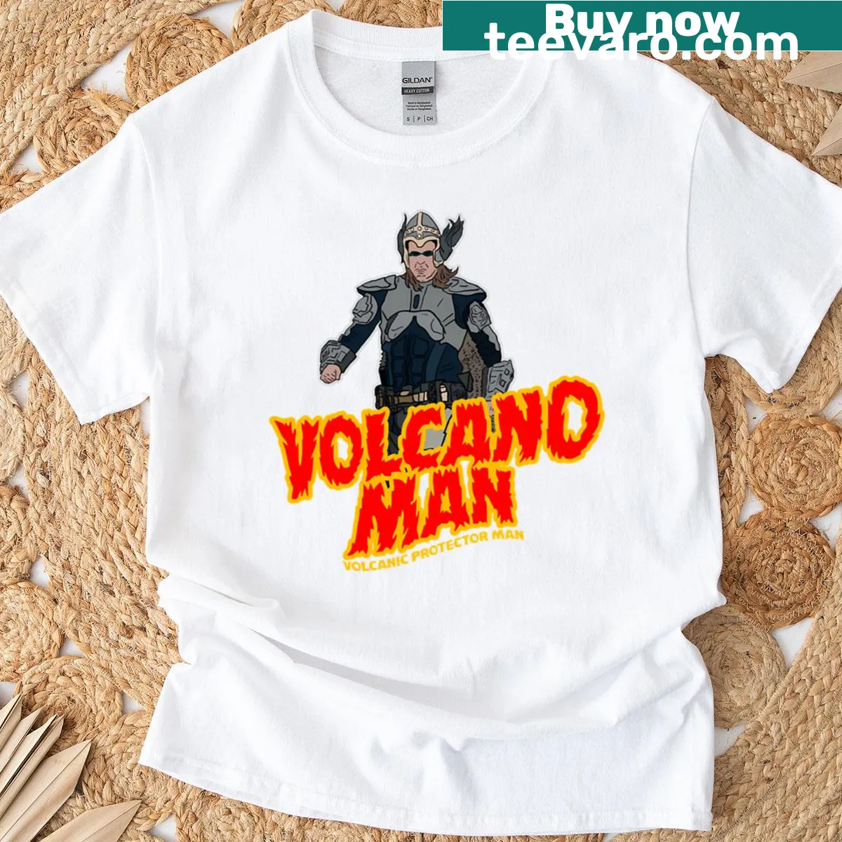 Humorous T-shirt featuring a playful Volcano Man graphic — on a men's t-shirt