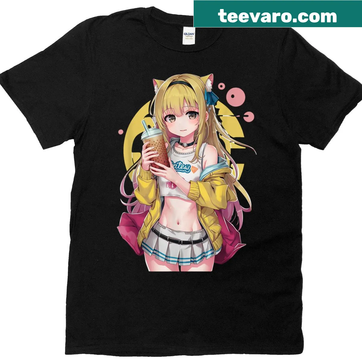 Kawaii anime girl boba tea graphic t-shirt for anime lovers — on a men's t-shirt