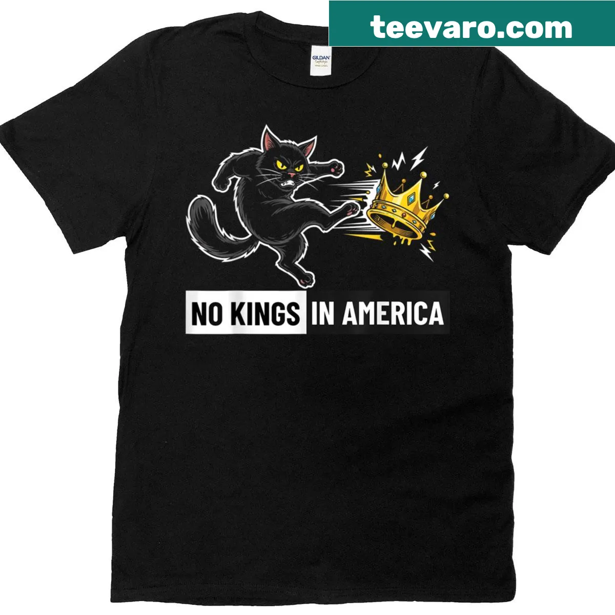 Funny shirt with a black cat design and humorous message about authority. — on a men's t-shirt