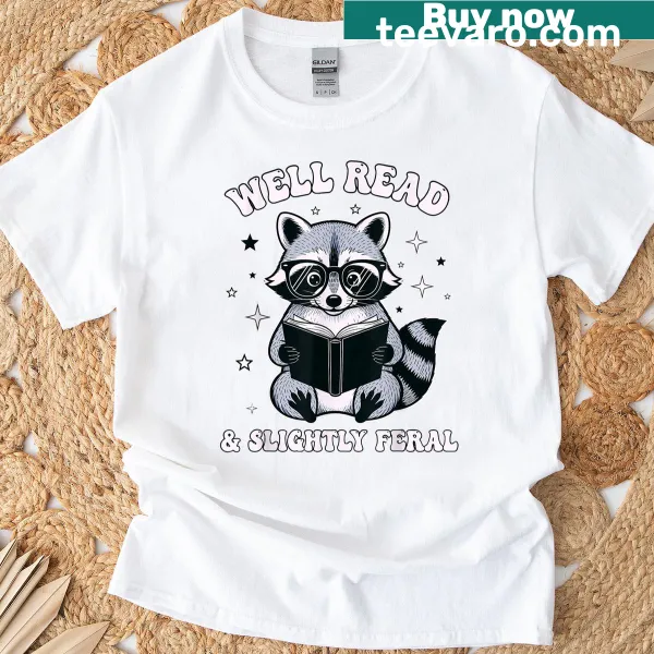 Funny Well Read Slightly Feral Raccoon t-shirt with cartoon design