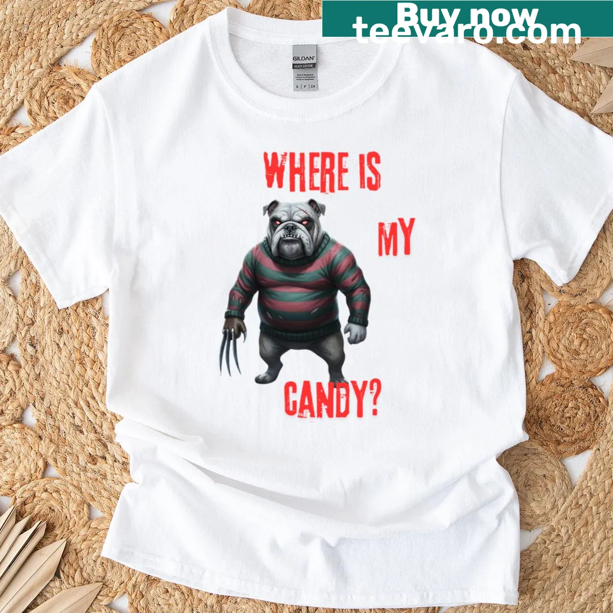 Funny Halloween t-shirt with Freddy Krueger and bulldog graphic — on a men's t-shirt