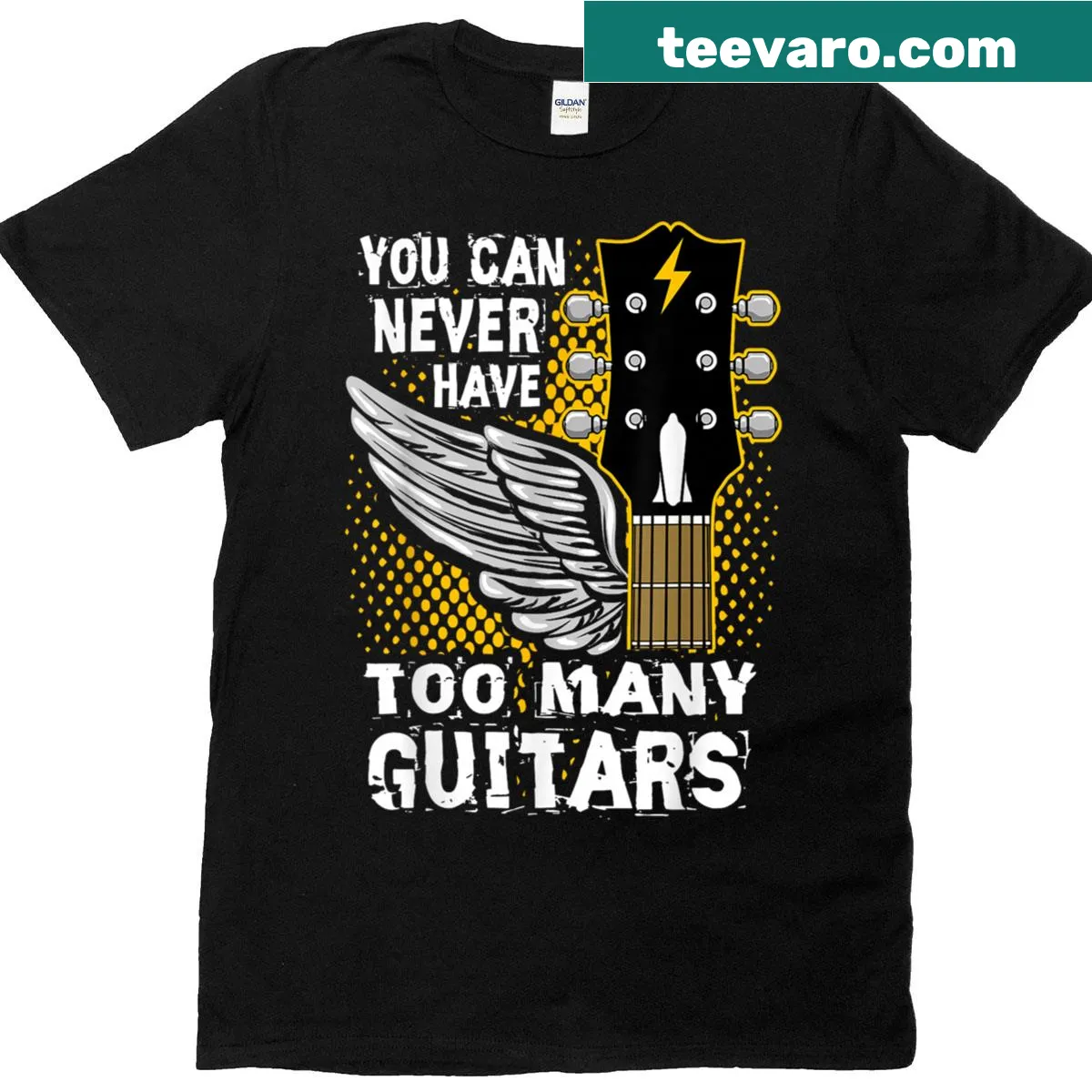 Funny T-shirt with the phrase 'You Can Never Have Too Many Guitars' — on a men's t-shirt