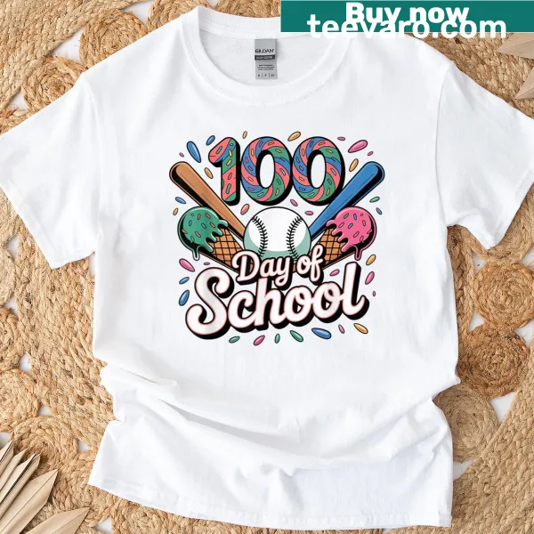T-shirt celebrating 100 days of school with baseball and ice cream design.