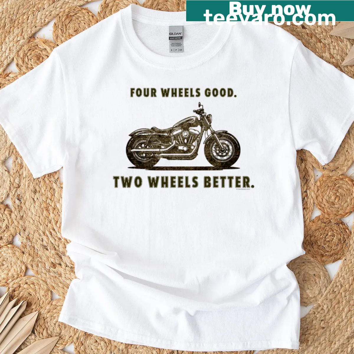 Distressed graphic T-shirt with 4 wheels good, 2 wheels better motto — on a men's t-shirt