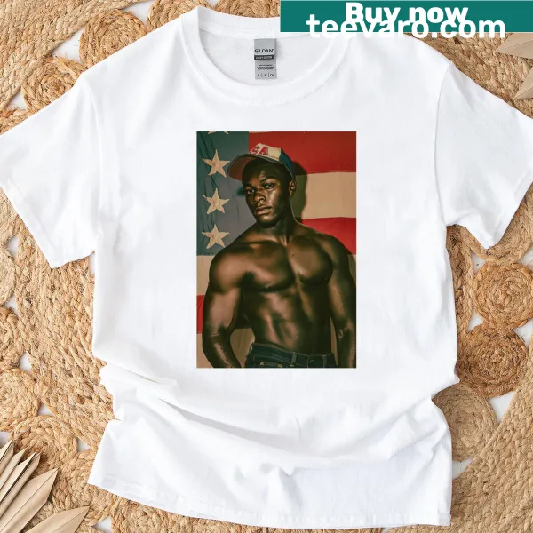 Vintage-style T-shirt featuring 70s male physique photography illustration.