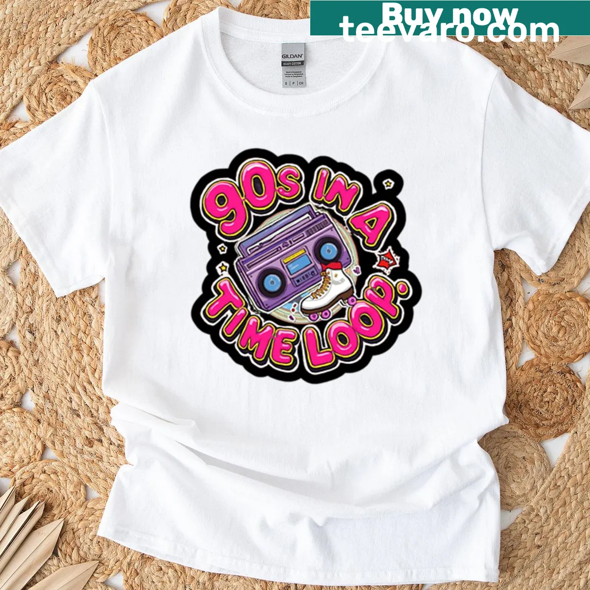 Text design '90s In A Time Loop' on a retro-style T-shirt — on a men's t-shirt