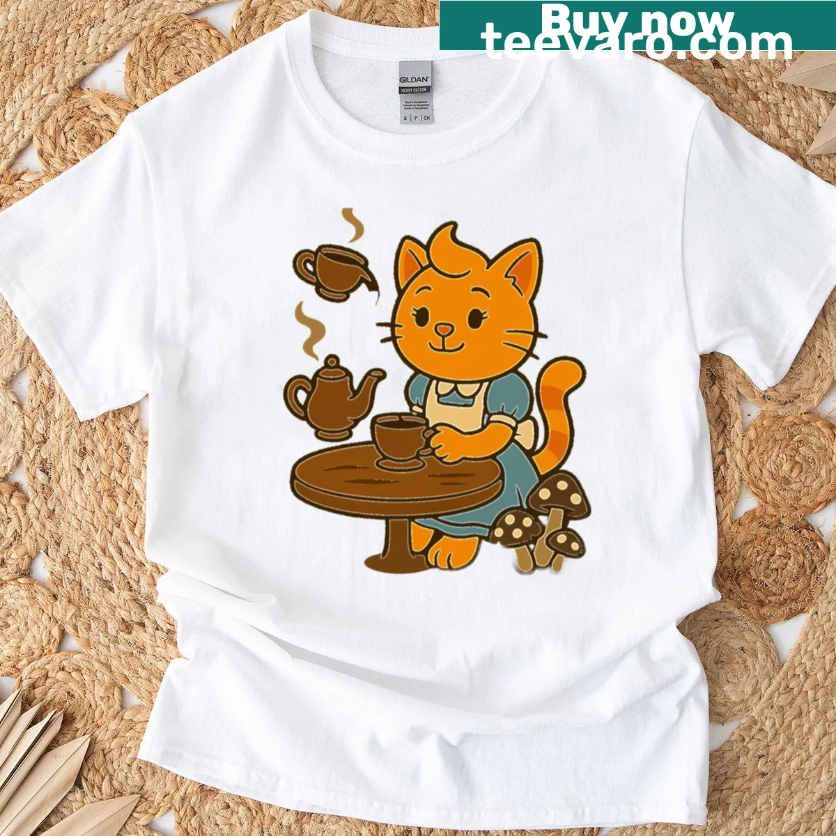 Cute Halloween T-shirt with orange cat at a spooky tea party illustration — on a men's t-shirt