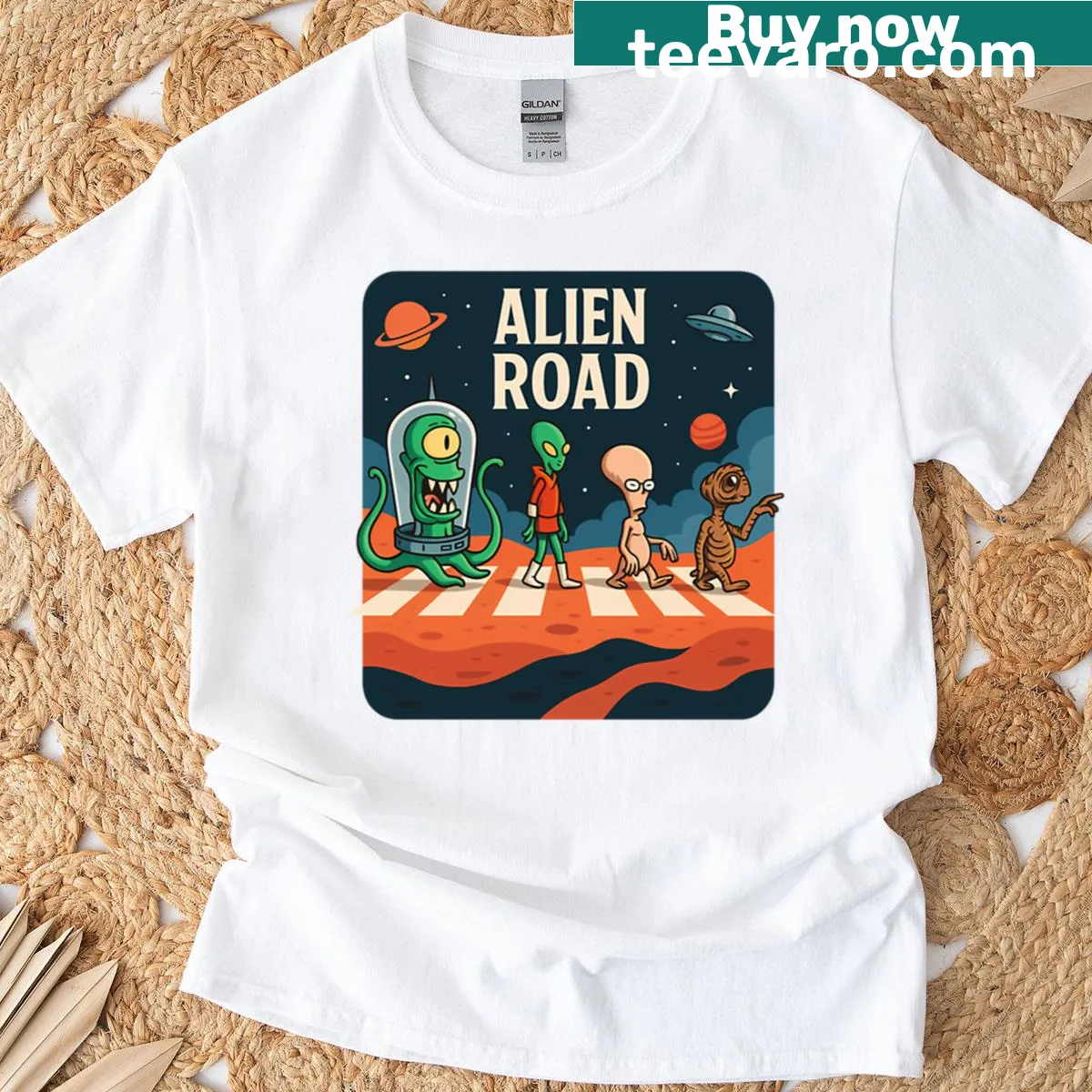 Funny alien-themed t-shirt depicting a sci-fi parody — on a men's t-shirt