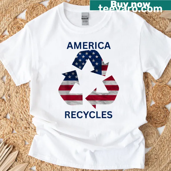 Cute character T-shirt promoting recycling and eco-friendliness.