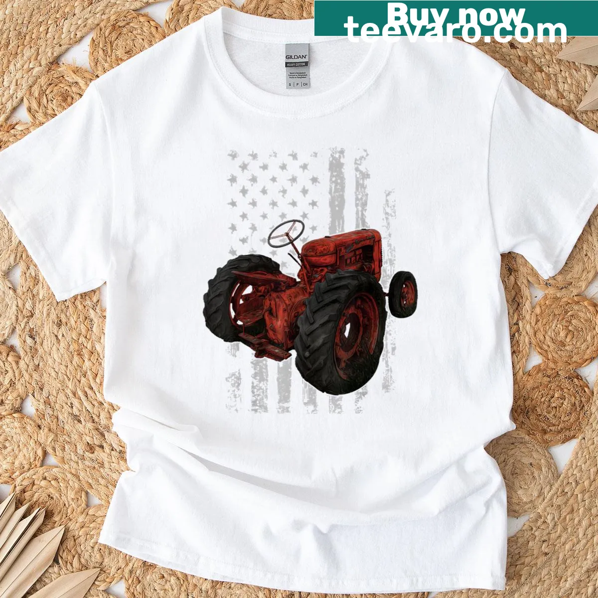 Patriotic tractor and American flag design on a t-shirt — on a men's t-shirt