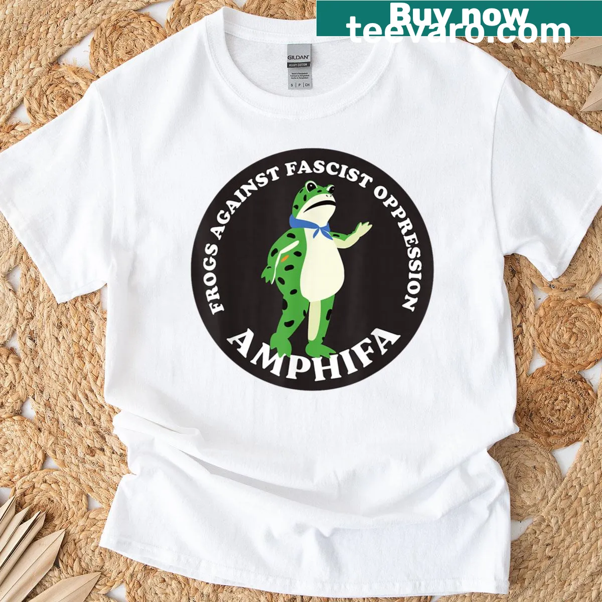 Activism T-shirt featuring frogs against oppression illustration — on a men's t-shirt