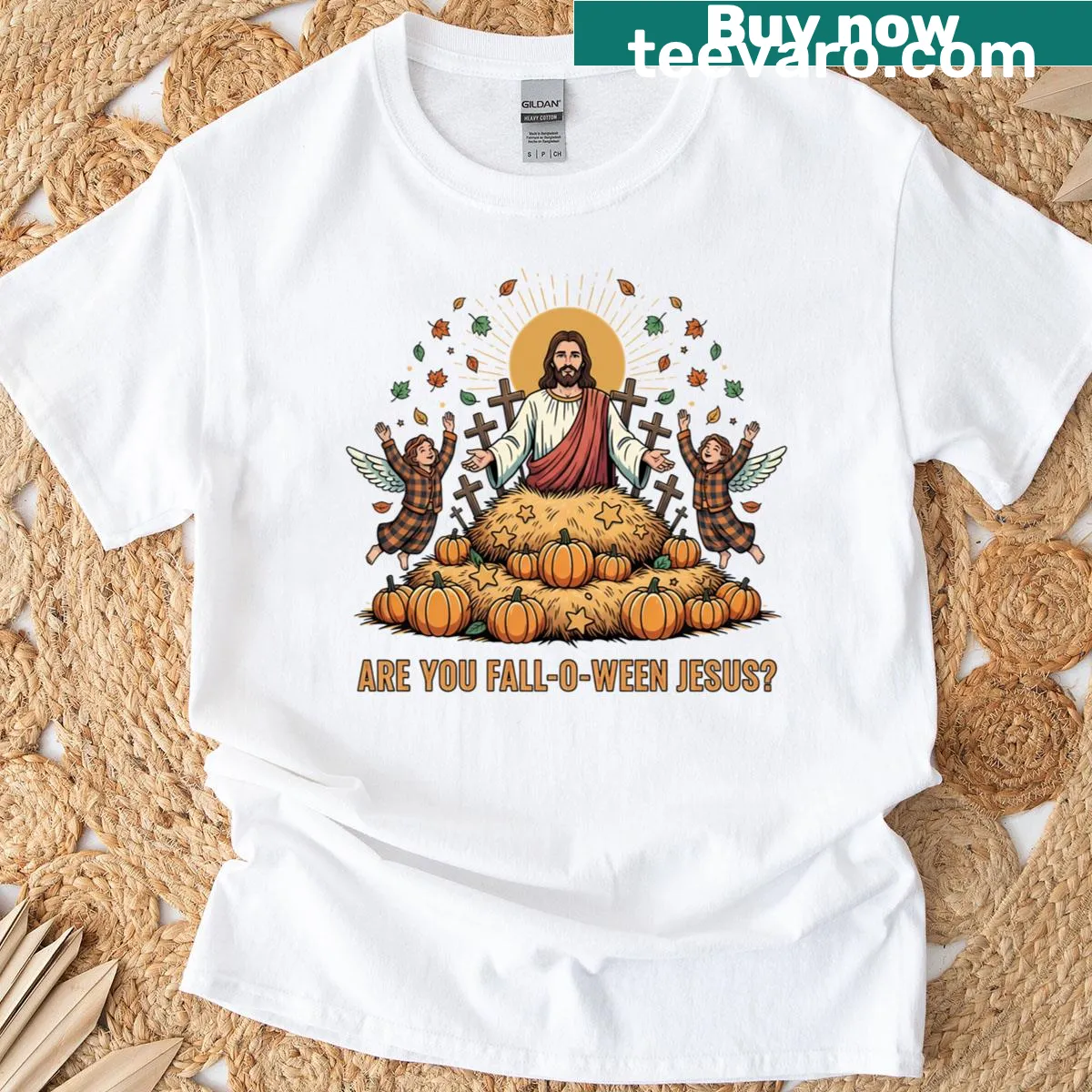 Retro Halloween T-shirt with pumpkins and 'Fall-o-ween Jesus' text — on a men's t-shirt