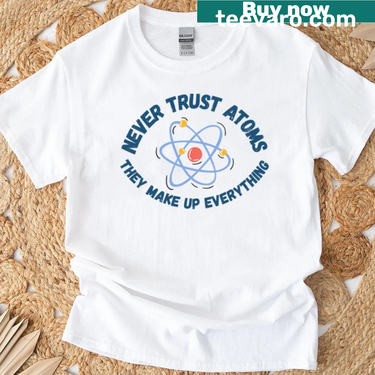 Funny Atom Pun graphic science t-shirt with humorous text — on a men's t-shirt