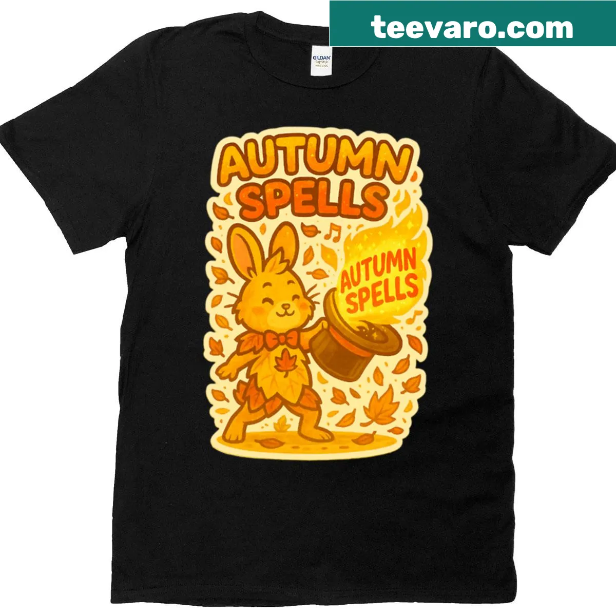 Cartoon rabbit magician casting spells with autumn-themed elements on t-shirt — on a men's t-shirt