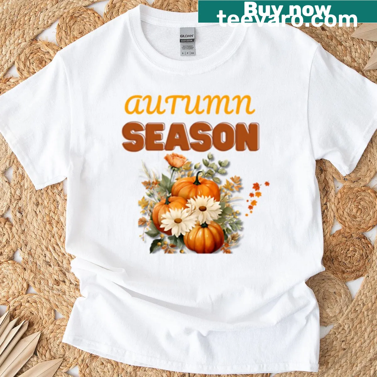 Autumn-themed graphic T-shirt celebrating fall vibes. — on a men's t-shirt