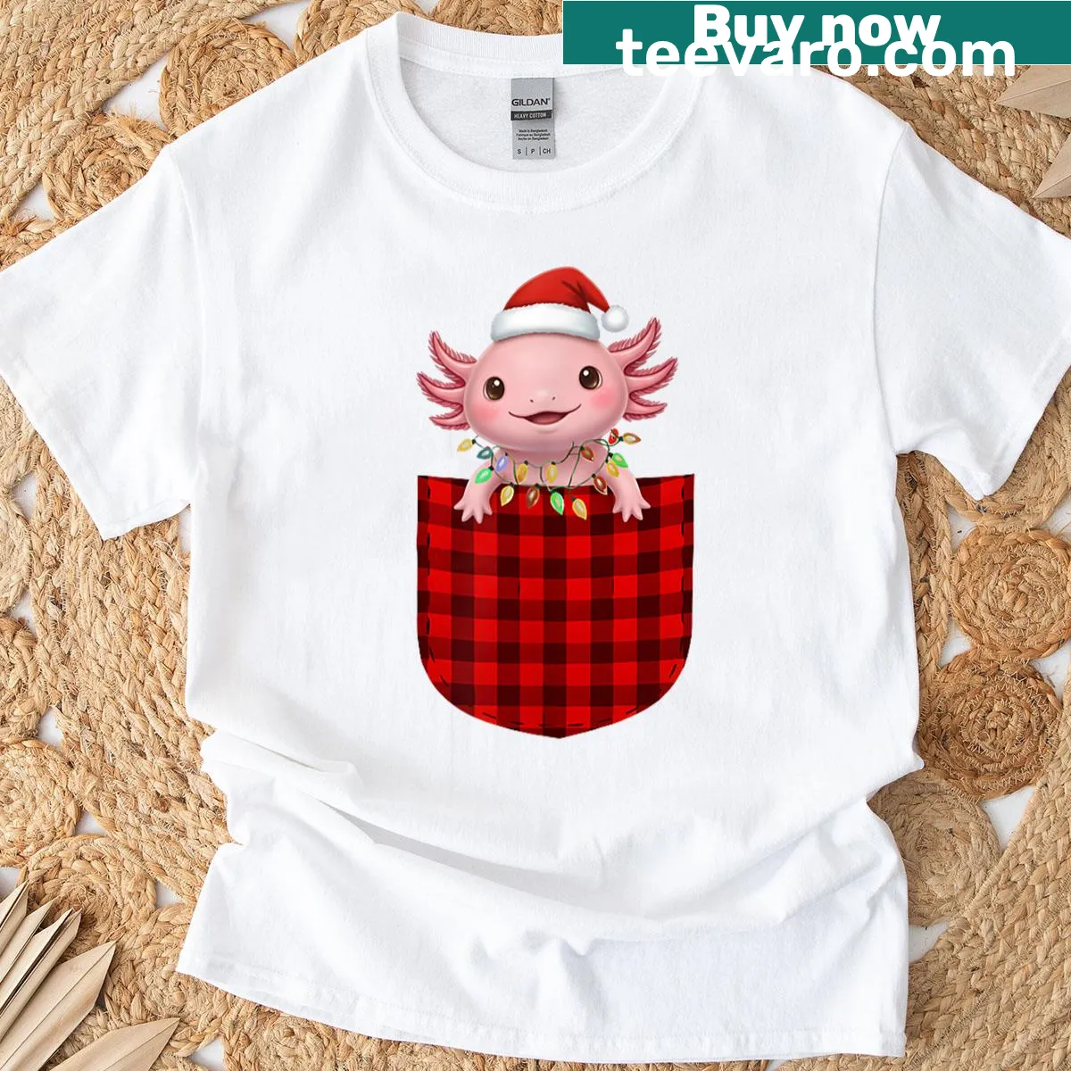 Funny Christmas T-shirt with axolotl in buffalo plaid pocket — on a men's t-shirt