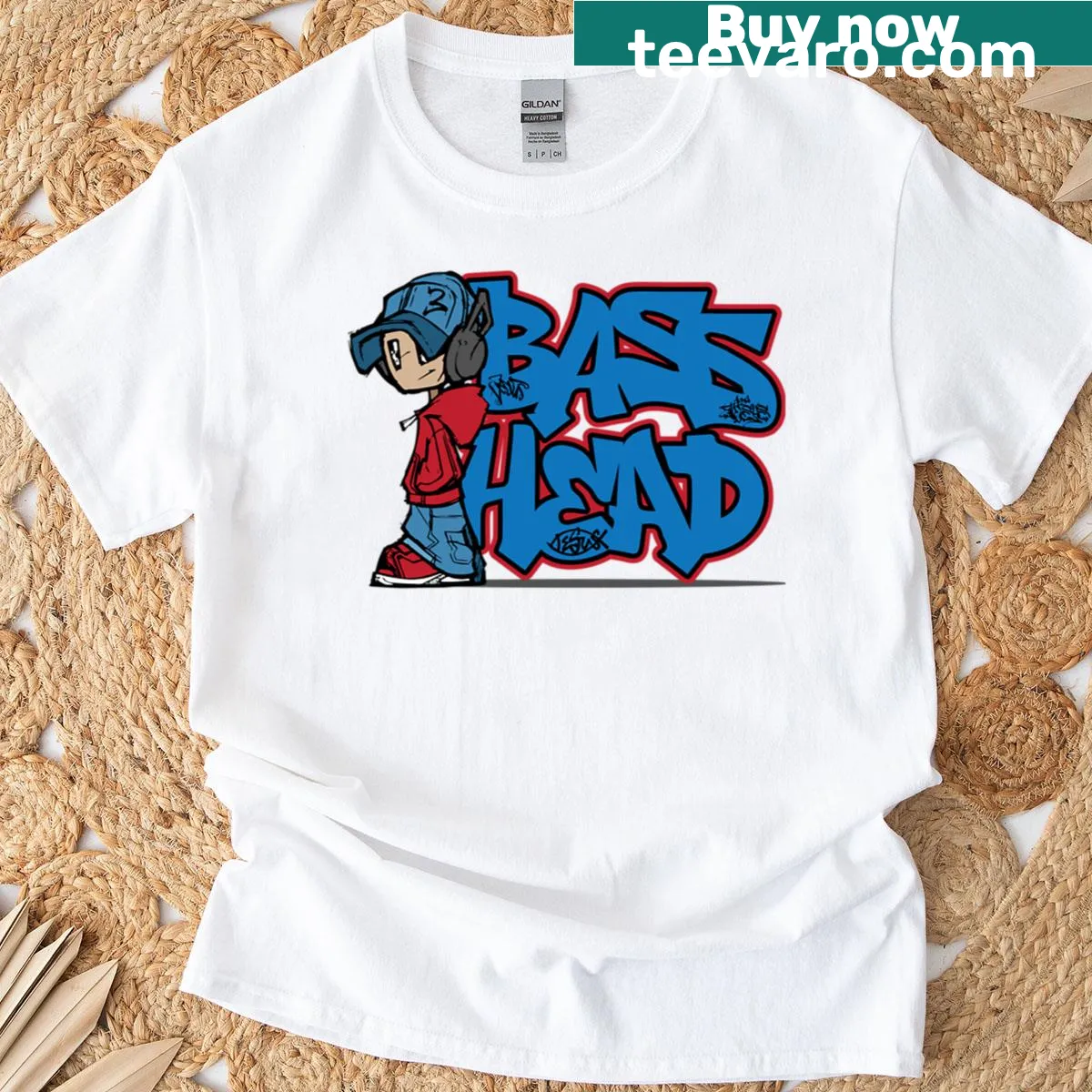 T-shirt featuring a cartoon bass head with graffiti tags design — on a men's t-shirt