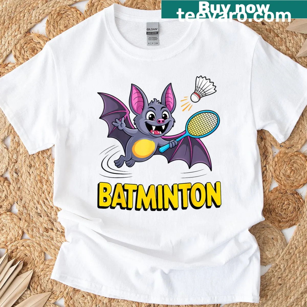 Cartoon bat playing badminton in a humorous design — on a men's t-shirt