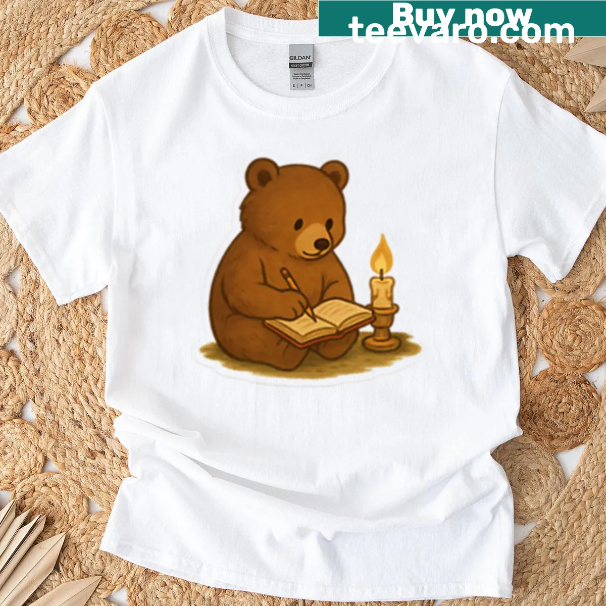 Illustration of a bear writing in a journal on a t-shirt — on a men's t-shirt