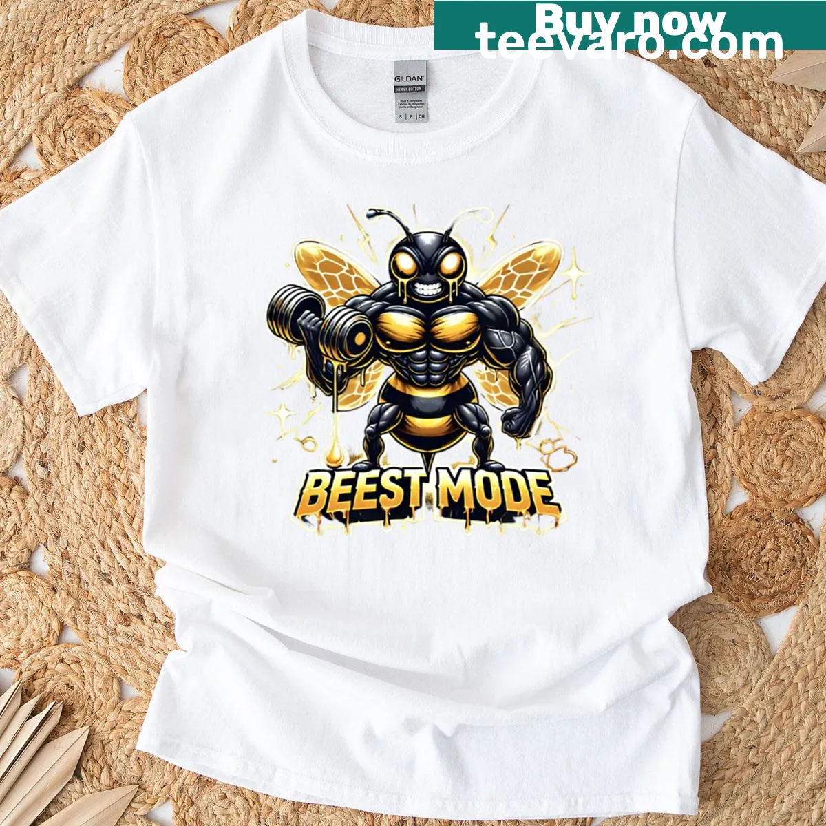 Cartoon bee with muscles and Beest Mode text — on a men's t-shirt