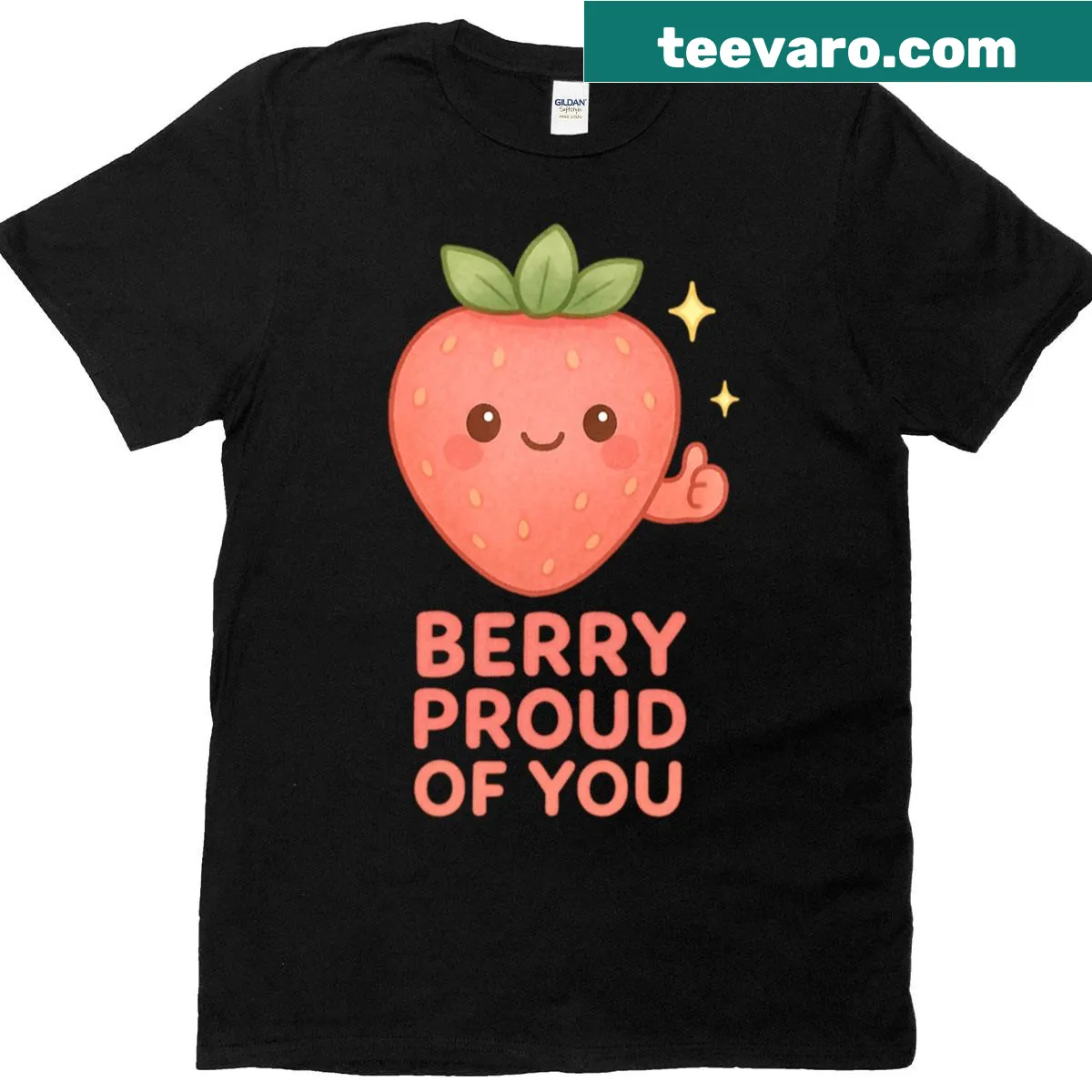 Cute T-shirt featuring a kawaii strawberry and a pun about being proud — on a men's t-shirt