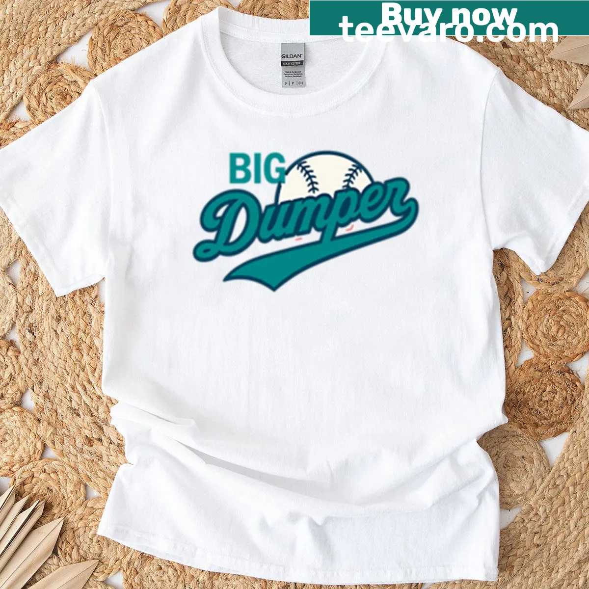 Funny baseball T-shirt featuring an illustration of a player with a big dumper — on a men's t-shirt