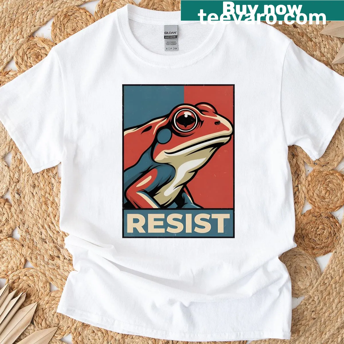Bold pop art t-shirt featuring a large frog in a street art style — on a men's t-shirt