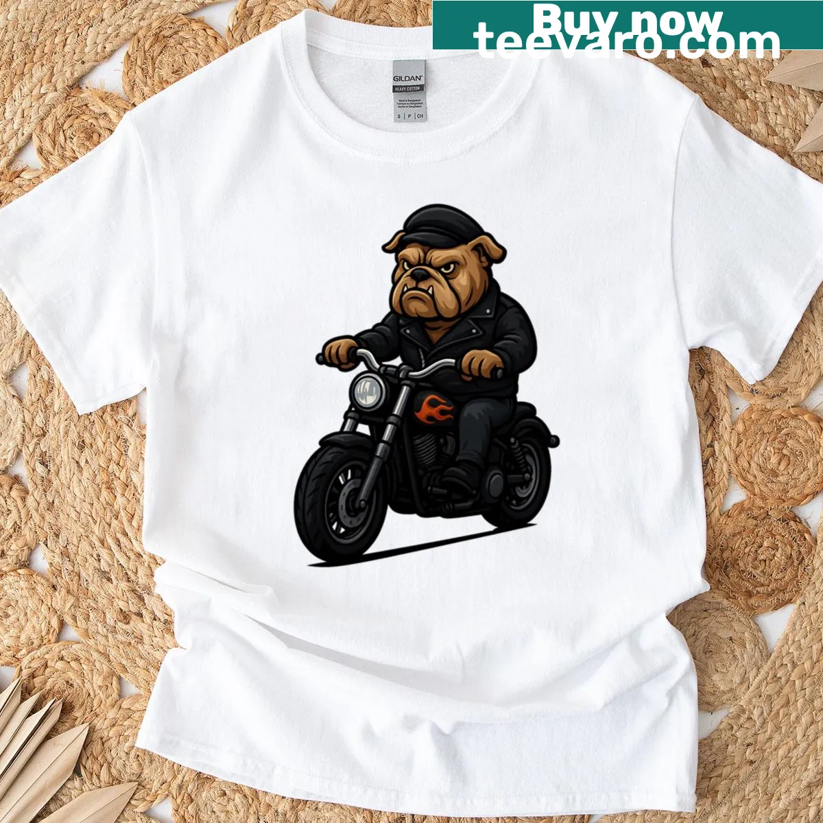Oversized biker-themed t-shirt featuring a charming cartoon bulldog — on a men's t-shirt