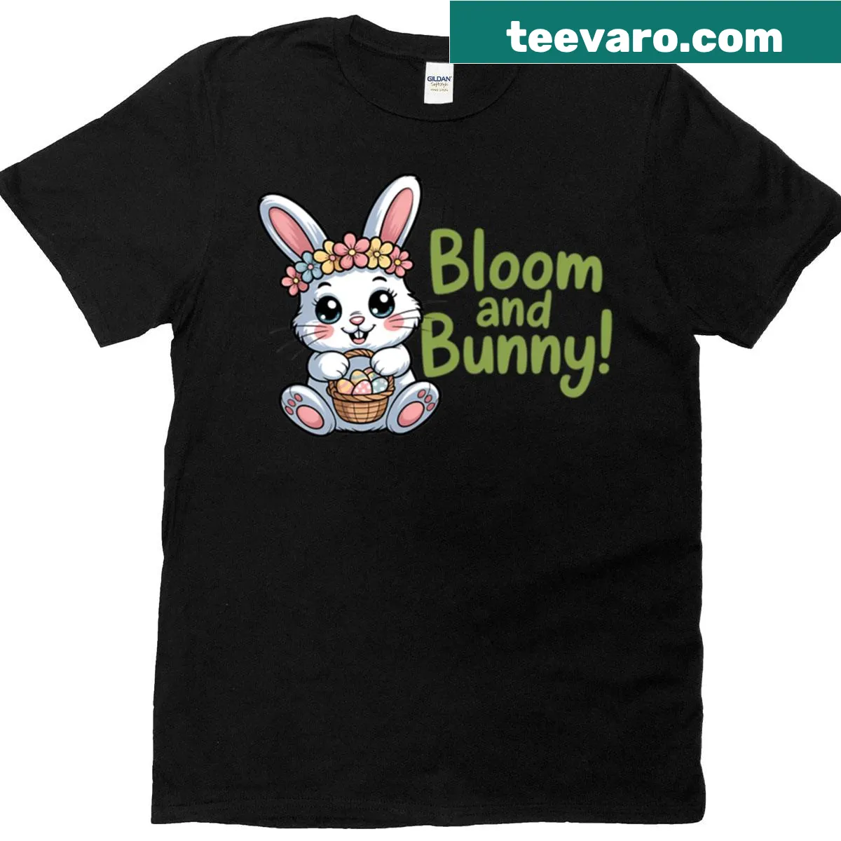 T-shirt featuring a whimsical bunny and floral design — on a men's t-shirt
