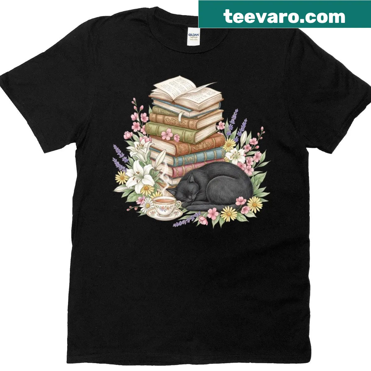 Illustration of books, a cat, and a cup of tea on a T-shirt — on a men's t-shirt