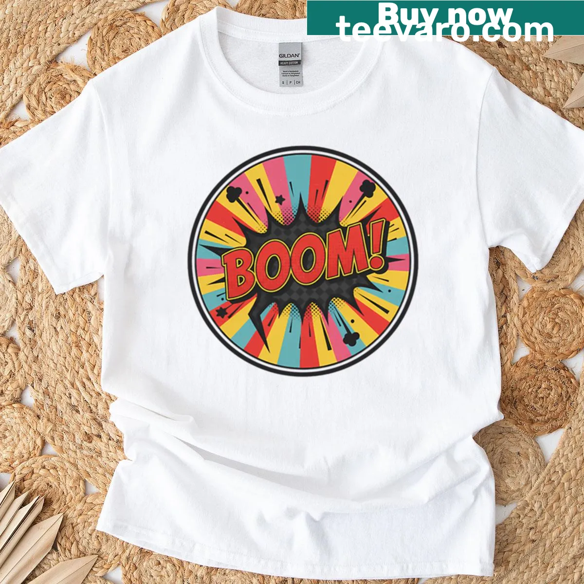 Retro comic book style 'Boom' graphic on a T-shirt. — on a men's t-shirt