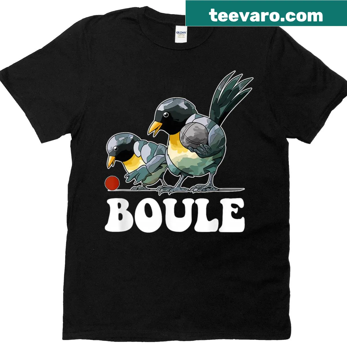 Playful t-shirt with illustration of boules balls and a bird — on a men's t-shirt