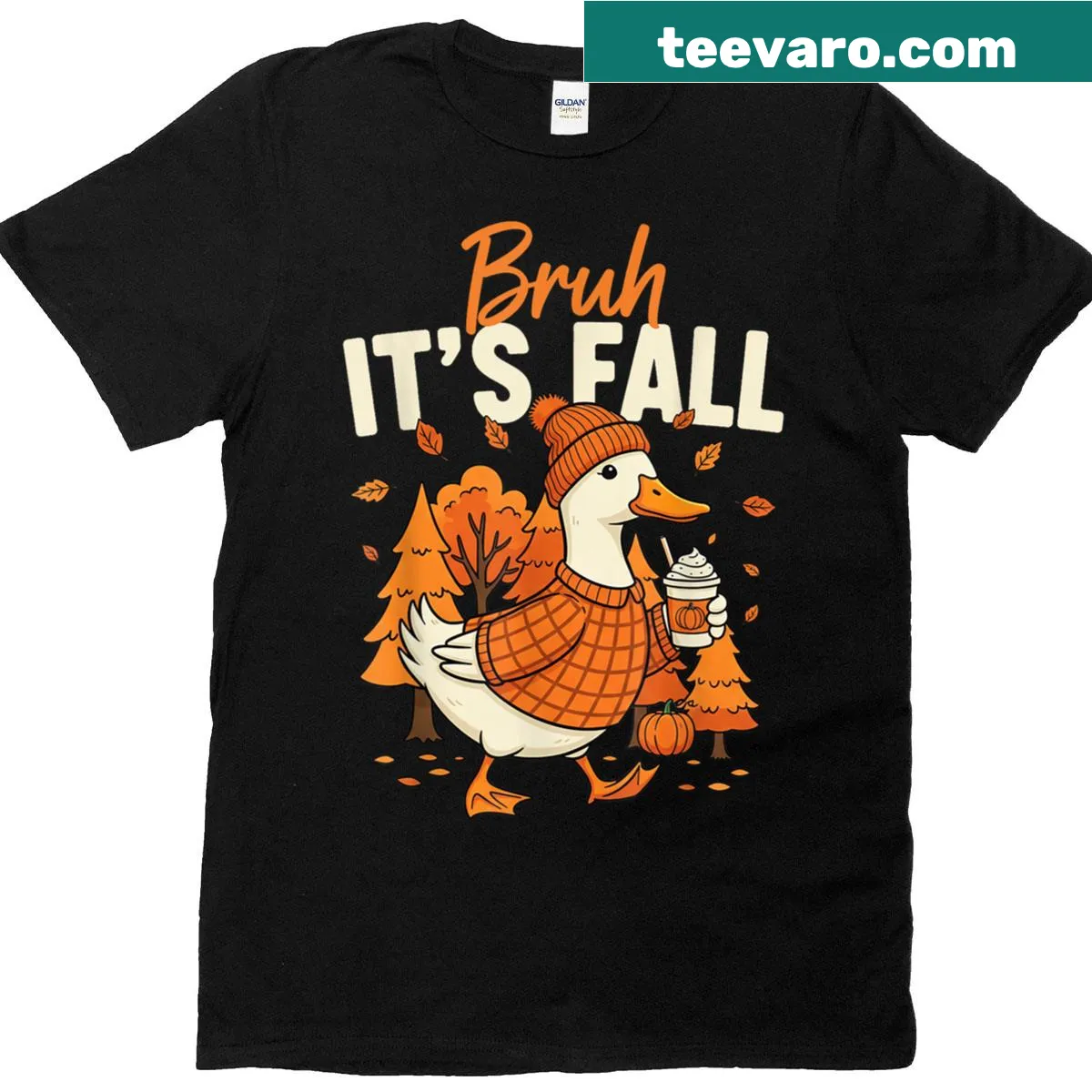 Funny fall-themed shirt with goose and pumpkin spice design — on a men's t-shirt