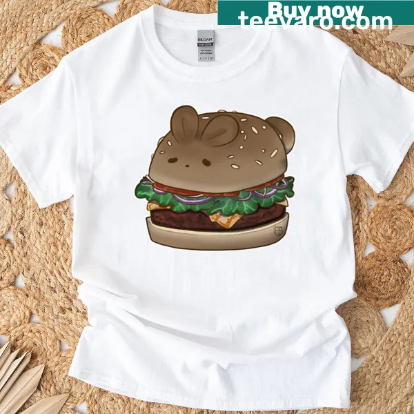 Illustrated bunny holding a burger in a playful design.