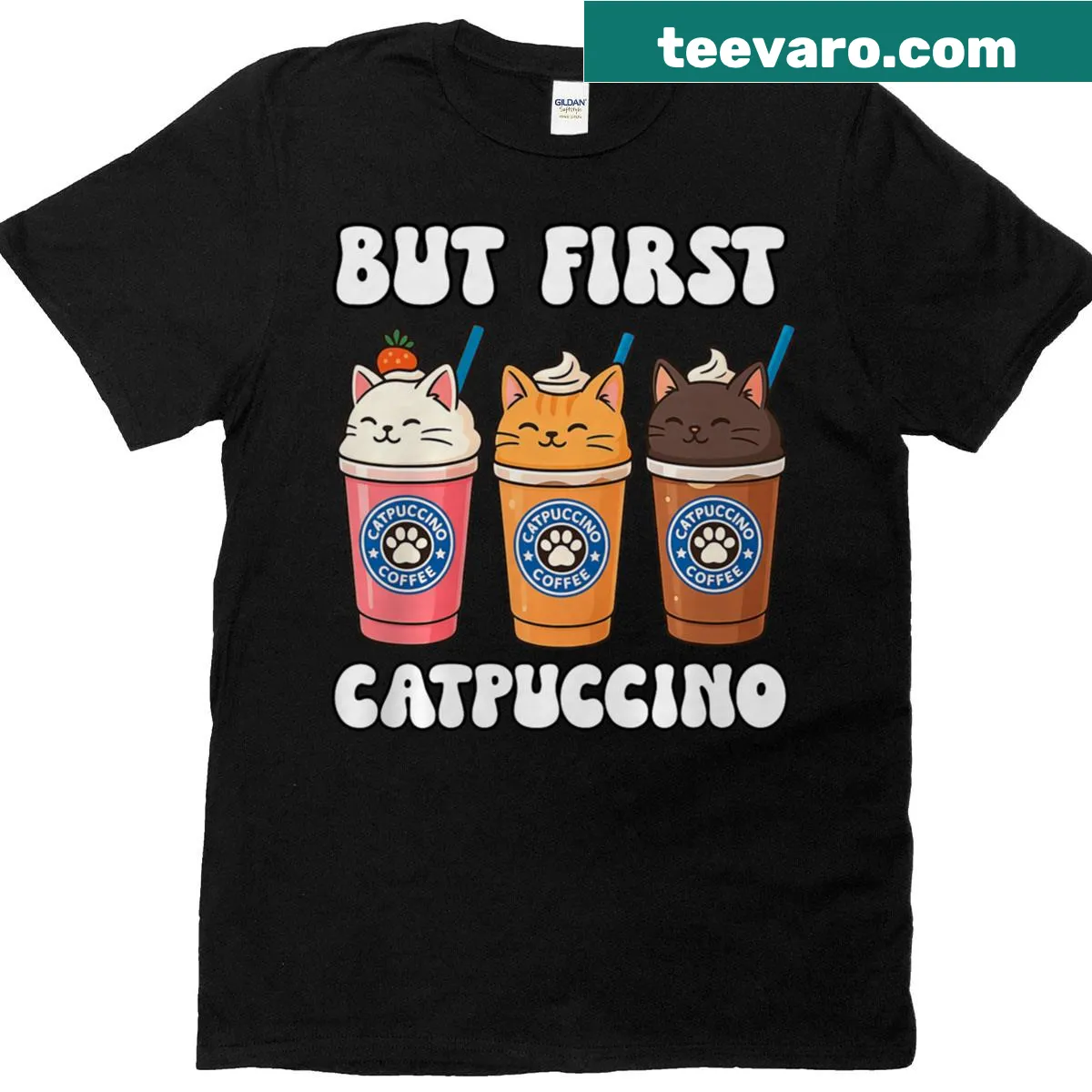 Cute T-shirt featuring a cat design and the phrase 'But First Catpuccino' — on a men's t-shirt