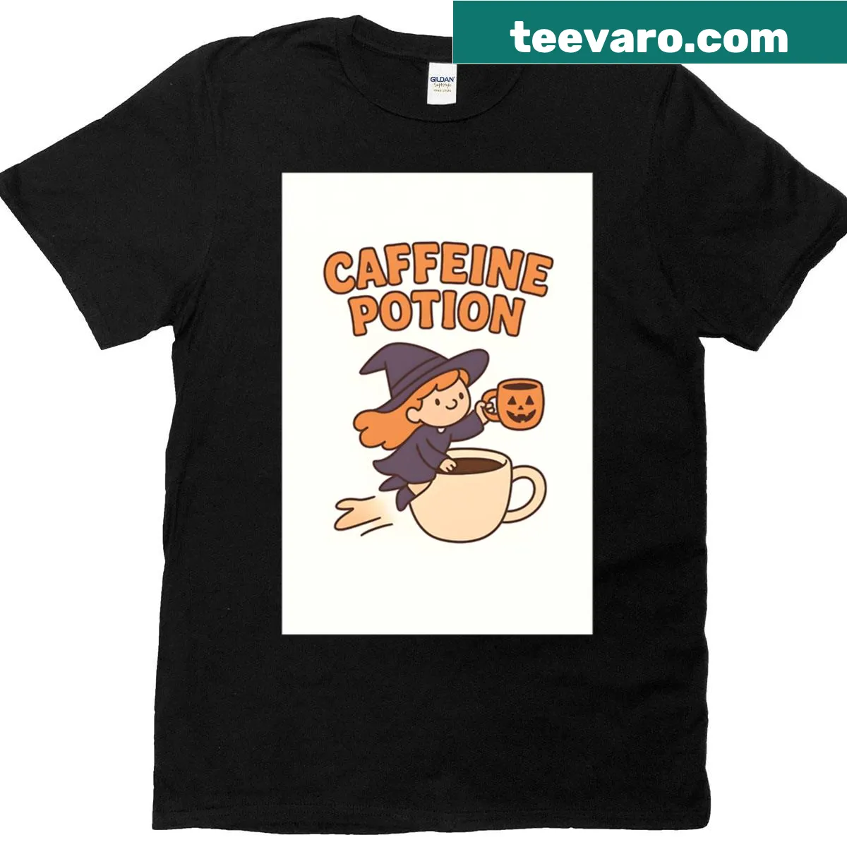 Cartoon witch brewing caffeine potion design on oversized t-shirt. — on a men's t-shirt