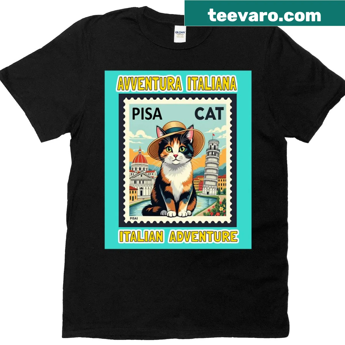 Calico Cat T-shirt with an illustration of a cat in Pisa. — on a men's t-shirt