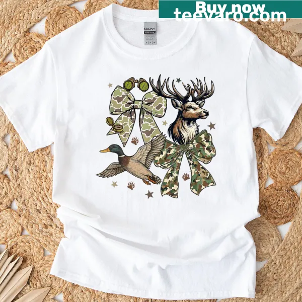 Camo print t-shirt featuring mallard duck and deer illustrations