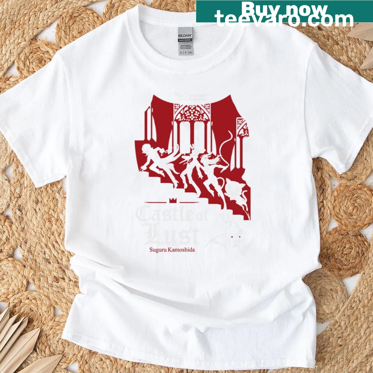 Playful fantasy-themed shirt featuring a castle. — on a men's t-shirt