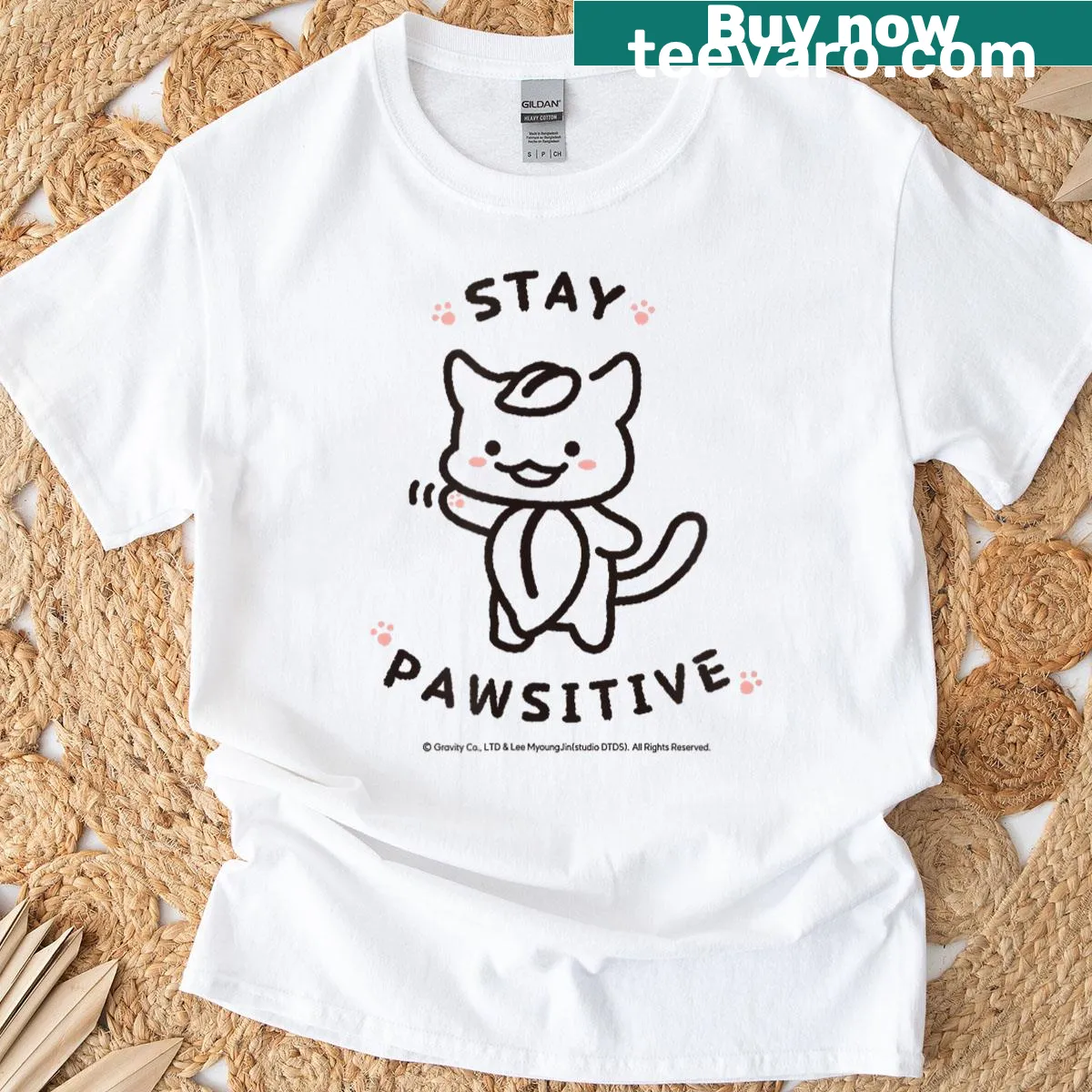 T-shirt with 'Stay Pawsitive' text and a cat and leaf graphic — on a men's t-shirt