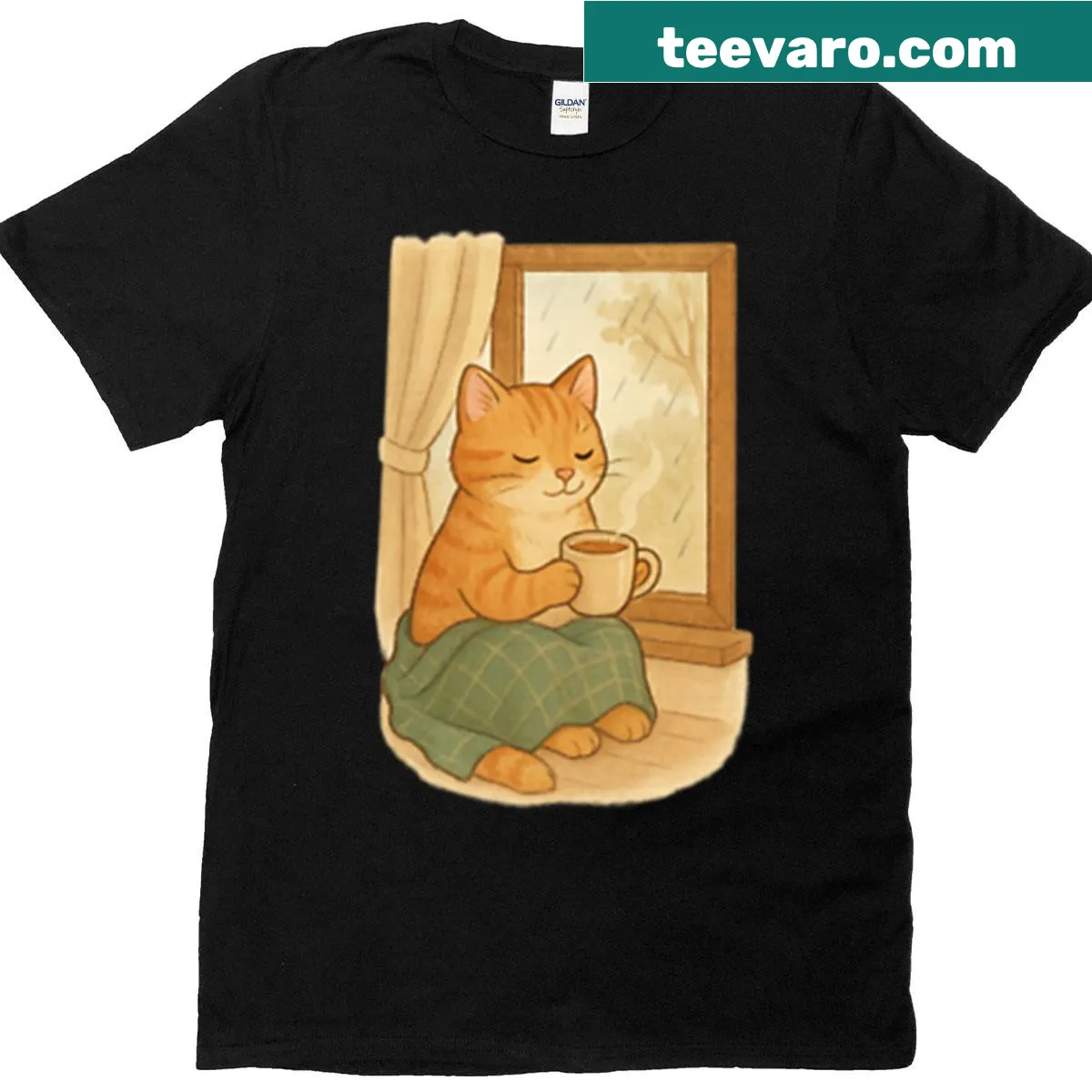 T-shirt featuring a cat drinking tea by the window in a cozy illustration — on a men's t-shirt