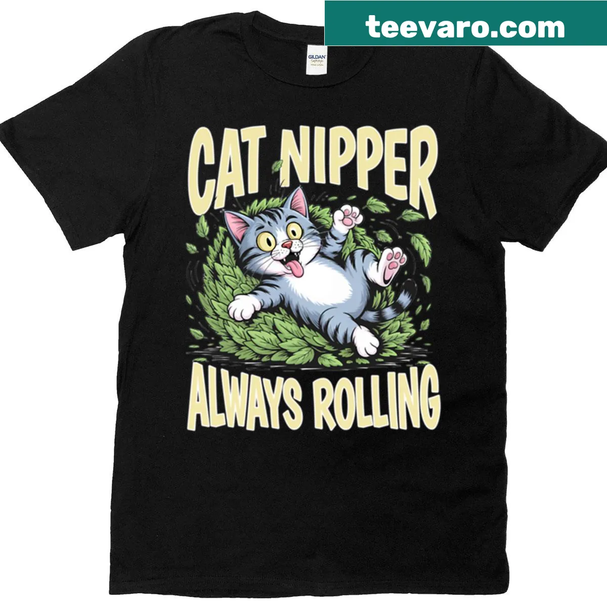 T-shirt featuring a whimsical cat design with playful activity. — on a men's t-shirt