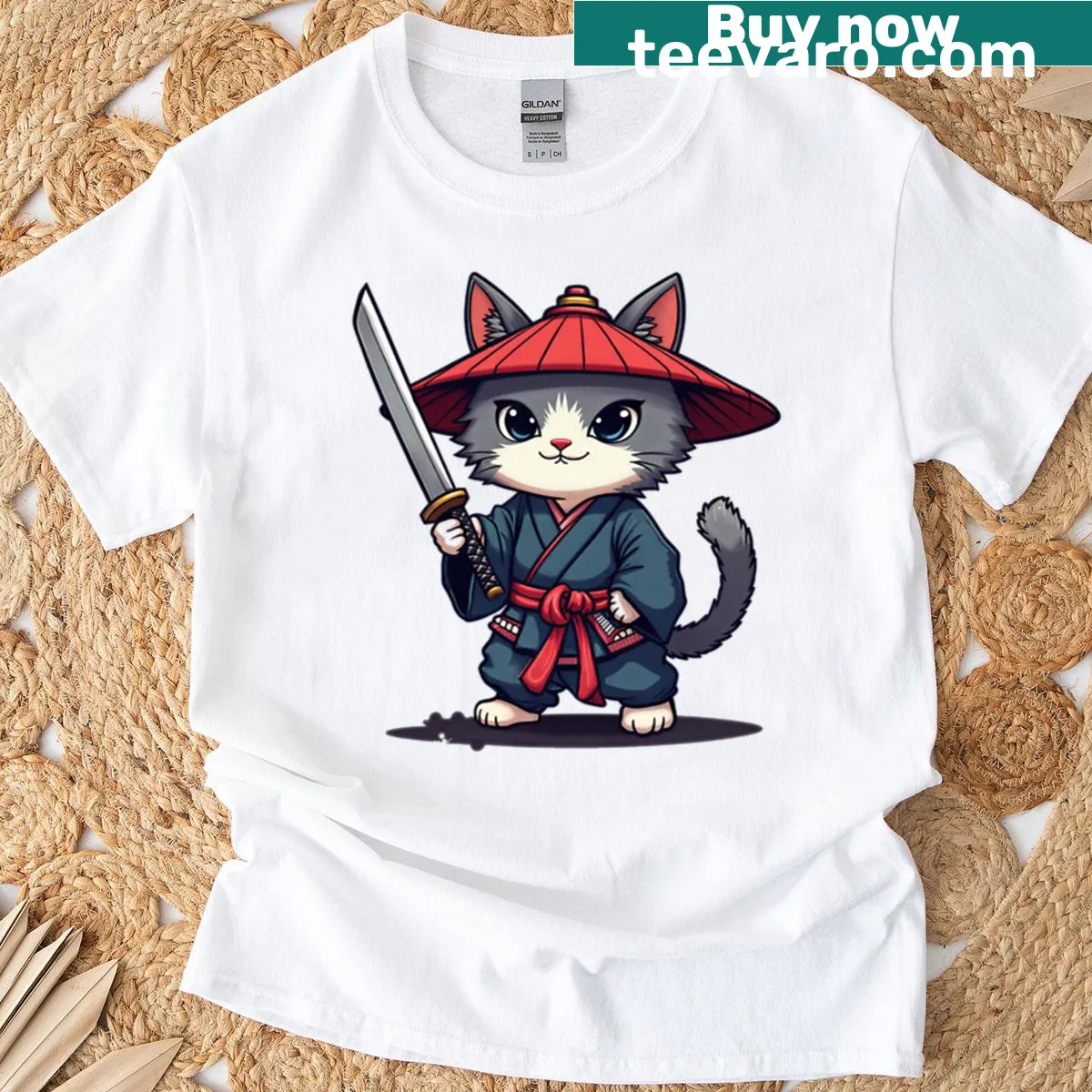 Cat samurai graphic T-shirt in kimono style — on a men's t-shirt